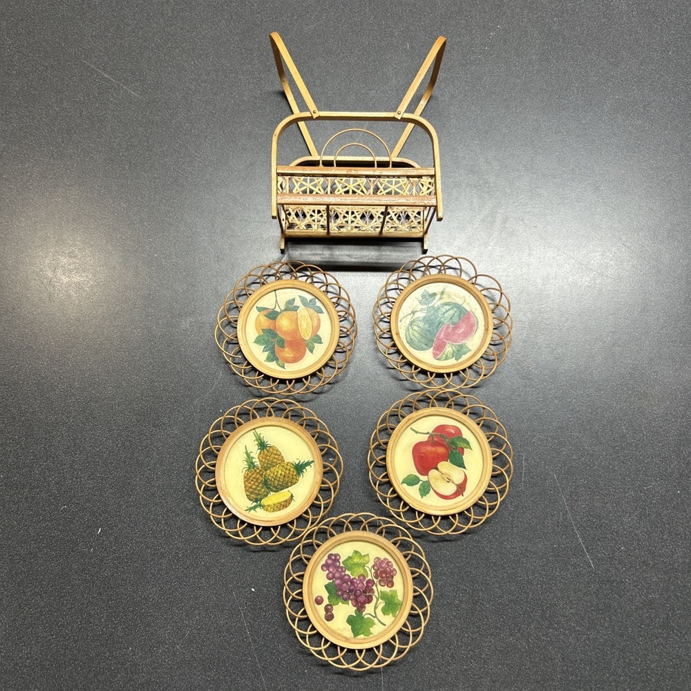 Vintage 1985 BOHO Bamboo Wicker Rattan Coasters Set Of 5 Scalloped